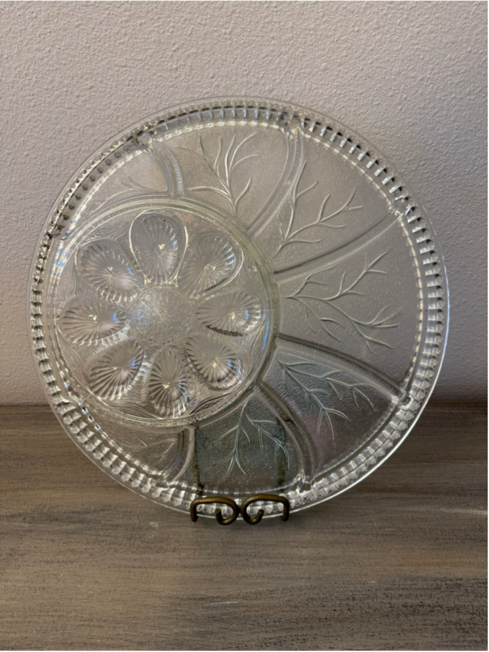 Vintage Indiana Glass Pebble Leaf Clear Deviled Egg & Relish Platter Tray